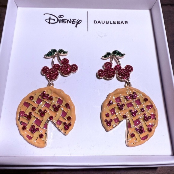 New Disney X BaubleBar Mickey Mouse Cherry Pie Red Crystal Dangle Earrings NIB - Picture 1 of 6